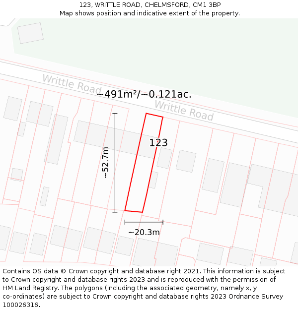 123, WRITTLE ROAD, CHELMSFORD, CM1 3BP: Plot and title map