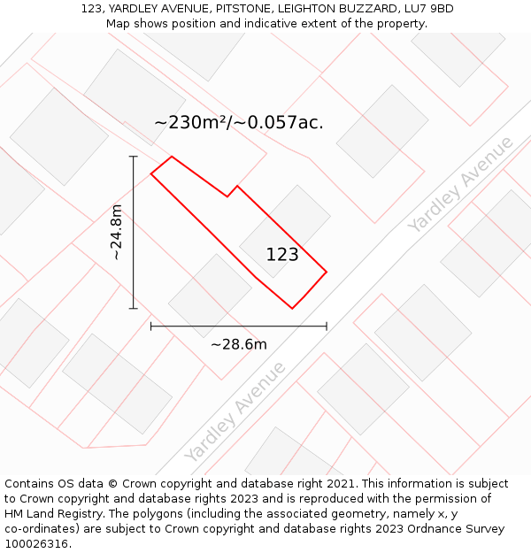 123, YARDLEY AVENUE, PITSTONE, LEIGHTON BUZZARD, LU7 9BD: Plot and title map