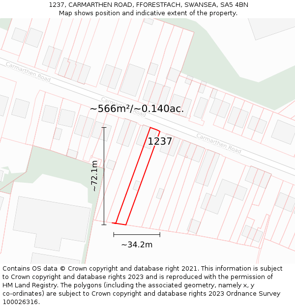 1237, CARMARTHEN ROAD, FFORESTFACH, SWANSEA, SA5 4BN: Plot and title map