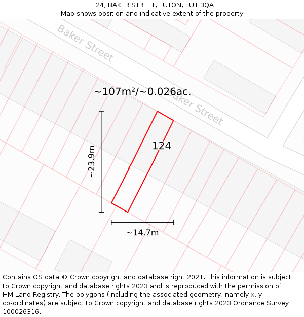 124, BAKER STREET, LUTON, LU1 3QA: Plot and title map