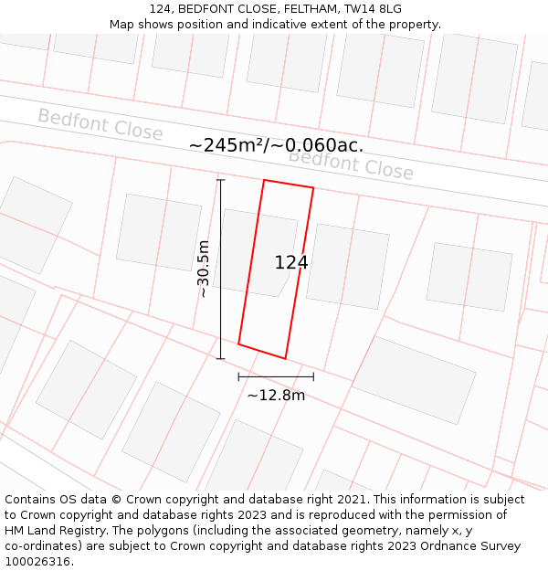 124, BEDFONT CLOSE, FELTHAM, TW14 8LG: Plot and title map