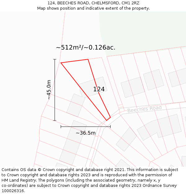 124, BEECHES ROAD, CHELMSFORD, CM1 2RZ: Plot and title map