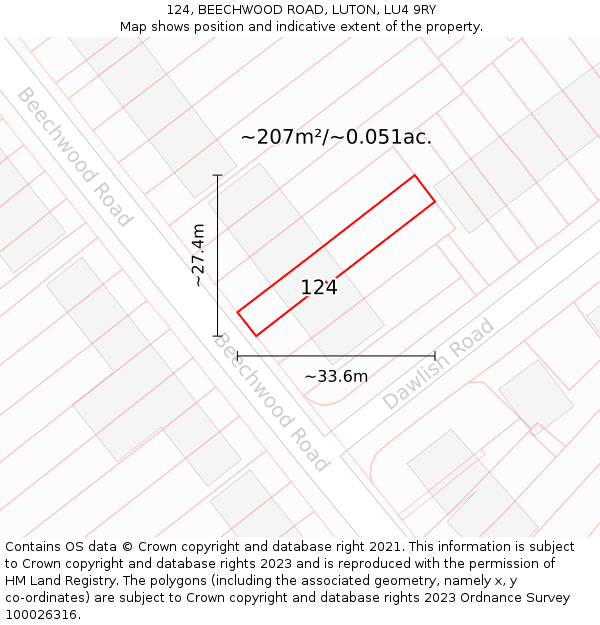 124, BEECHWOOD ROAD, LUTON, LU4 9RY: Plot and title map