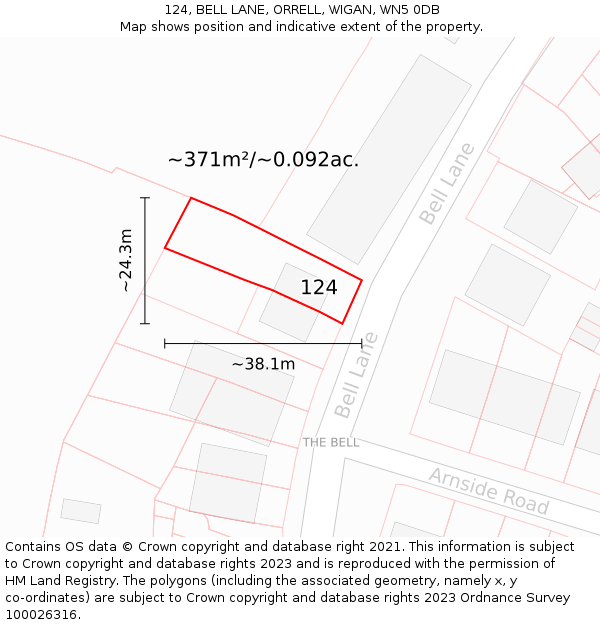 124, BELL LANE, ORRELL, WIGAN, WN5 0DB: Plot and title map