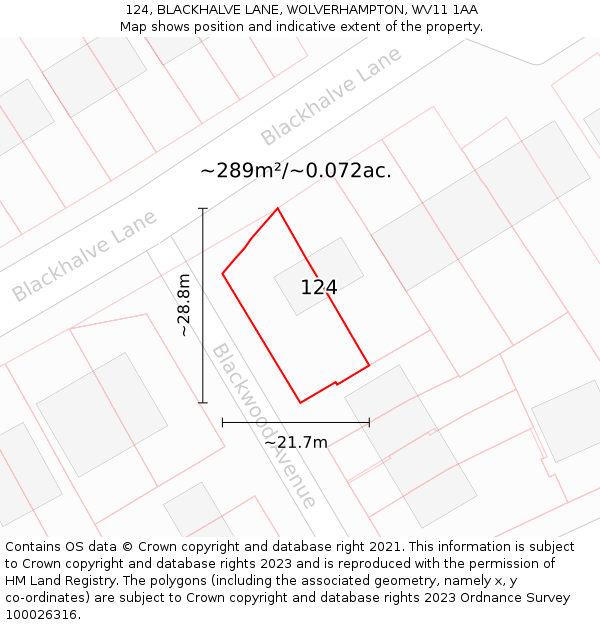 124, BLACKHALVE LANE, WOLVERHAMPTON, WV11 1AA: Plot and title map