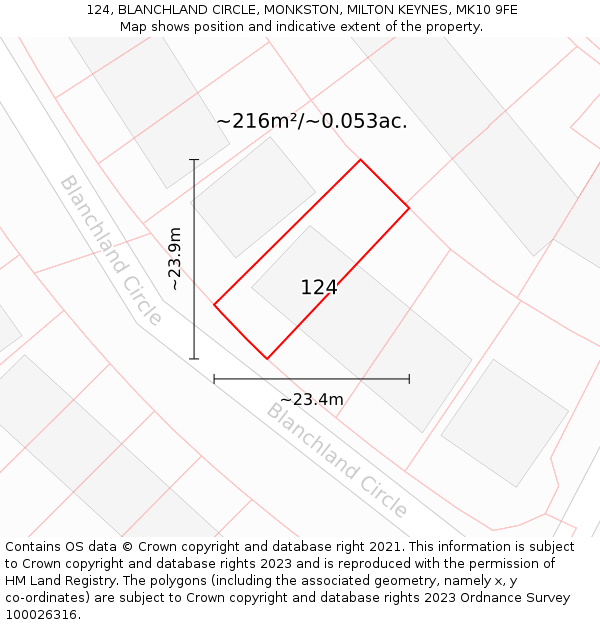 124, BLANCHLAND CIRCLE, MONKSTON, MILTON KEYNES, MK10 9FE: Plot and title map
