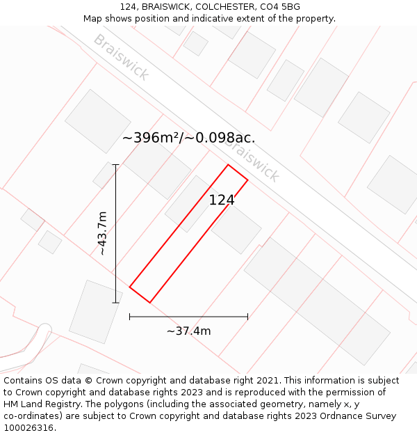124, BRAISWICK, COLCHESTER, CO4 5BG: Plot and title map