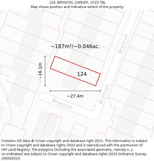 124, BRYNCYN, CARDIFF, CF23 7BL: Plot and title map