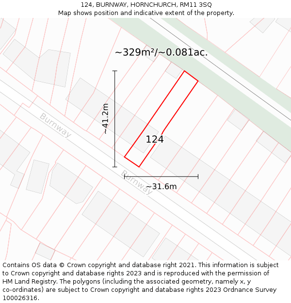 124, BURNWAY, HORNCHURCH, RM11 3SQ: Plot and title map