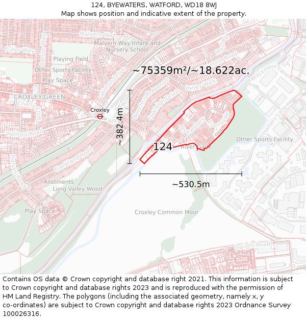124, BYEWATERS, WATFORD, WD18 8WJ: Plot and title map