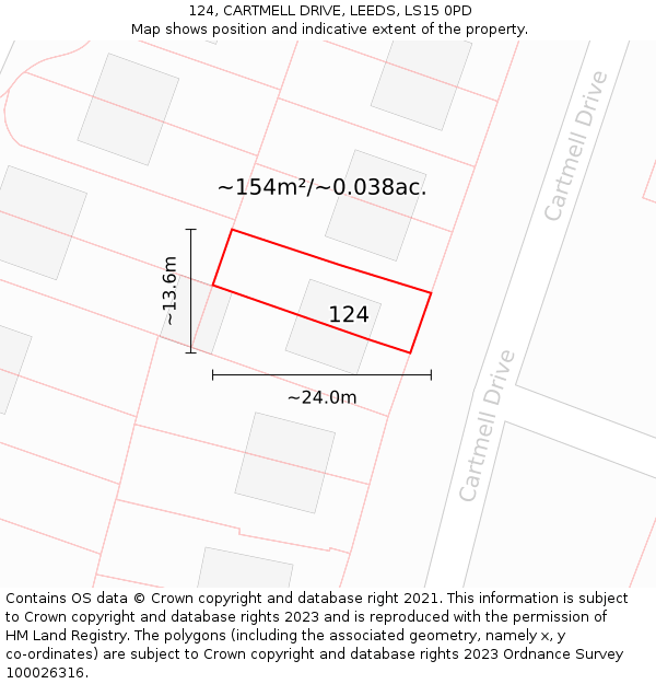 124, CARTMELL DRIVE, LEEDS, LS15 0PD: Plot and title map