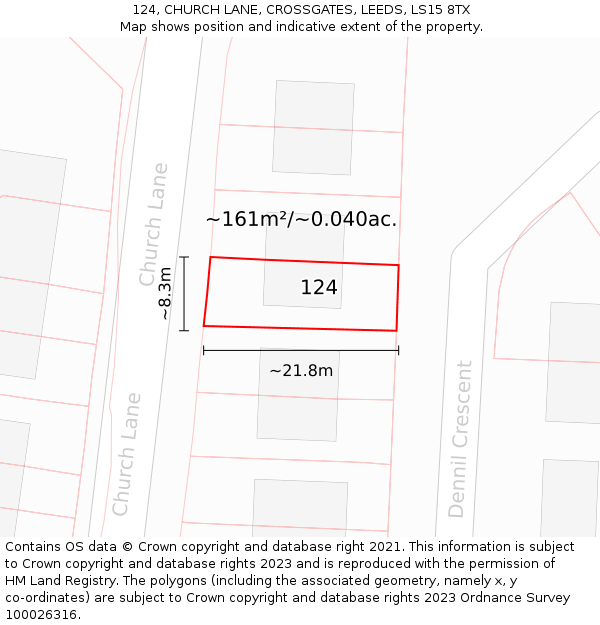 124, CHURCH LANE, CROSSGATES, LEEDS, LS15 8TX: Plot and title map