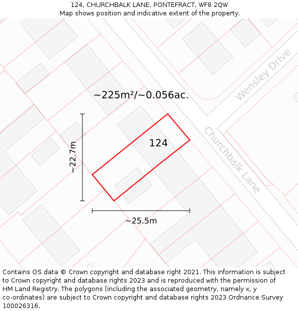 124, CHURCHBALK LANE, PONTEFRACT, WF8 2QW: Plot and title map