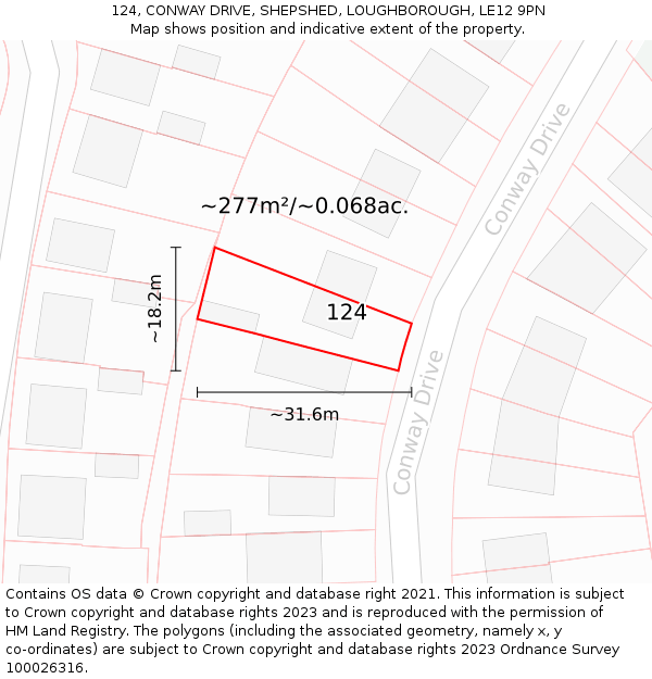 124, CONWAY DRIVE, SHEPSHED, LOUGHBOROUGH, LE12 9PN: Plot and title map