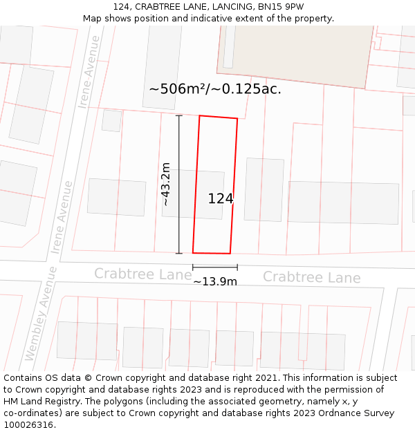 124, CRABTREE LANE, LANCING, BN15 9PW: Plot and title map