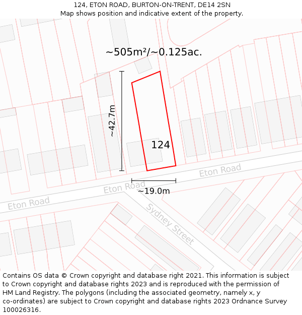 124, ETON ROAD, BURTON-ON-TRENT, DE14 2SN: Plot and title map