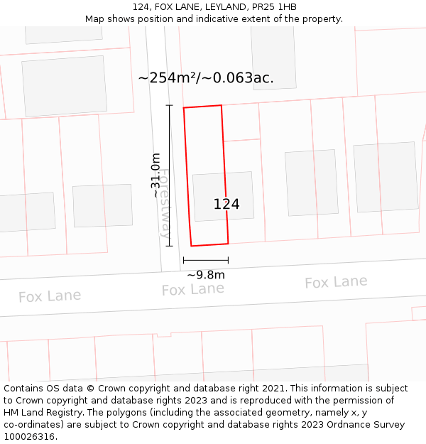 124, FOX LANE, LEYLAND, PR25 1HB: Plot and title map