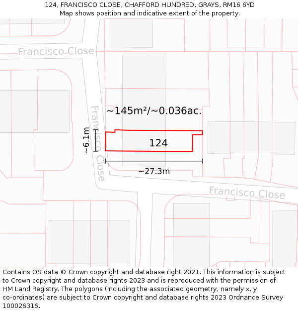 124, FRANCISCO CLOSE, CHAFFORD HUNDRED, GRAYS, RM16 6YD: Plot and title map