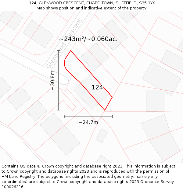 124, GLENWOOD CRESCENT, CHAPELTOWN, SHEFFIELD, S35 1YX: Plot and title map