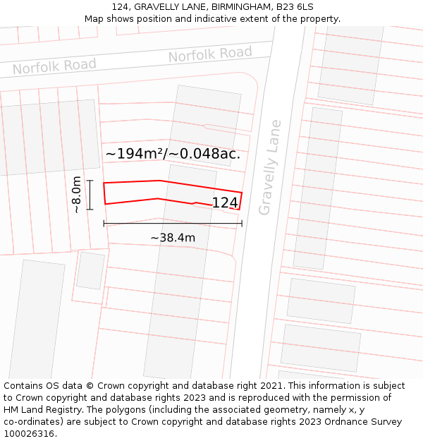 124, GRAVELLY LANE, BIRMINGHAM, B23 6LS: Plot and title map