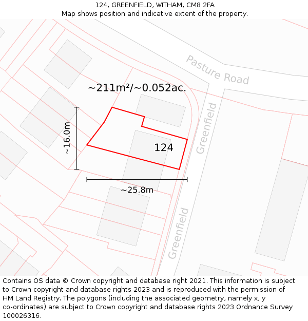 124, GREENFIELD, WITHAM, CM8 2FA: Plot and title map