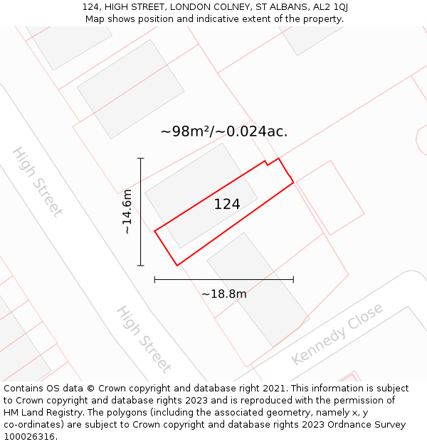 124, HIGH STREET, LONDON COLNEY, ST ALBANS, AL2 1QJ: Plot and title map
