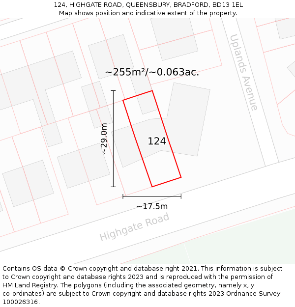 124, HIGHGATE ROAD, QUEENSBURY, BRADFORD, BD13 1EL: Plot and title map