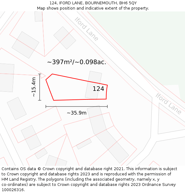 124, IFORD LANE, BOURNEMOUTH, BH6 5QY: Plot and title map