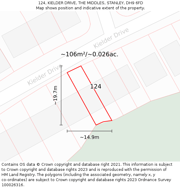124, KIELDER DRIVE, THE MIDDLES, STANLEY, DH9 6FD: Plot and title map