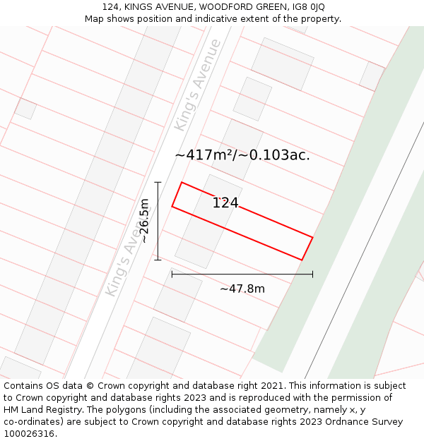 124, KINGS AVENUE, WOODFORD GREEN, IG8 0JQ: Plot and title map