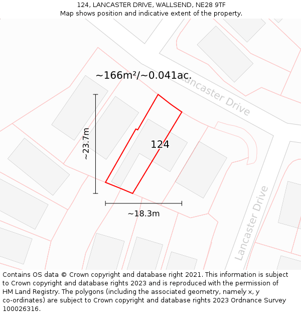 124, LANCASTER DRIVE, WALLSEND, NE28 9TF: Plot and title map