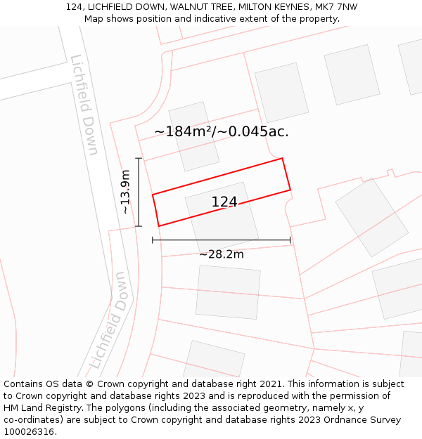 124, LICHFIELD DOWN, WALNUT TREE, MILTON KEYNES, MK7 7NW: Plot and title map
