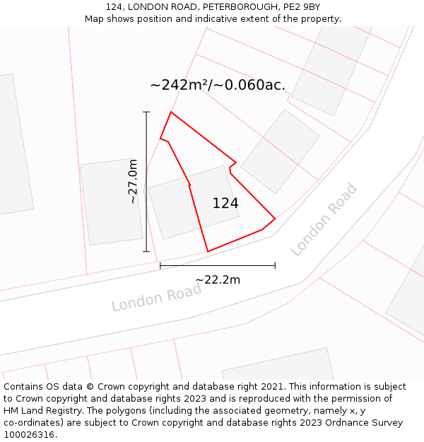 124, LONDON ROAD, PETERBOROUGH, PE2 9BY: Plot and title map
