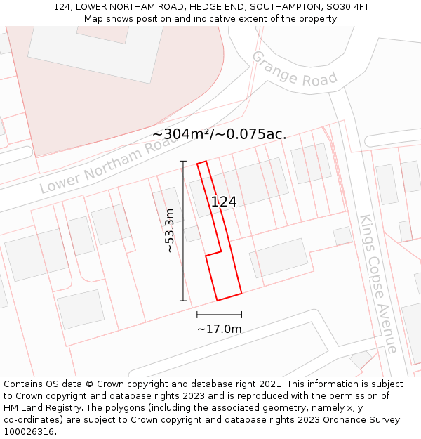 124, LOWER NORTHAM ROAD, HEDGE END, SOUTHAMPTON, SO30 4FT: Plot and title map