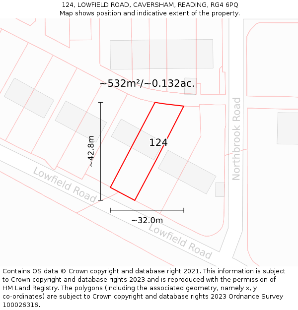 124, LOWFIELD ROAD, CAVERSHAM, READING, RG4 6PQ: Plot and title map