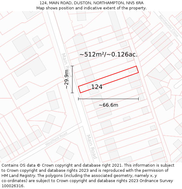 124, MAIN ROAD, DUSTON, NORTHAMPTON, NN5 6RA: Plot and title map