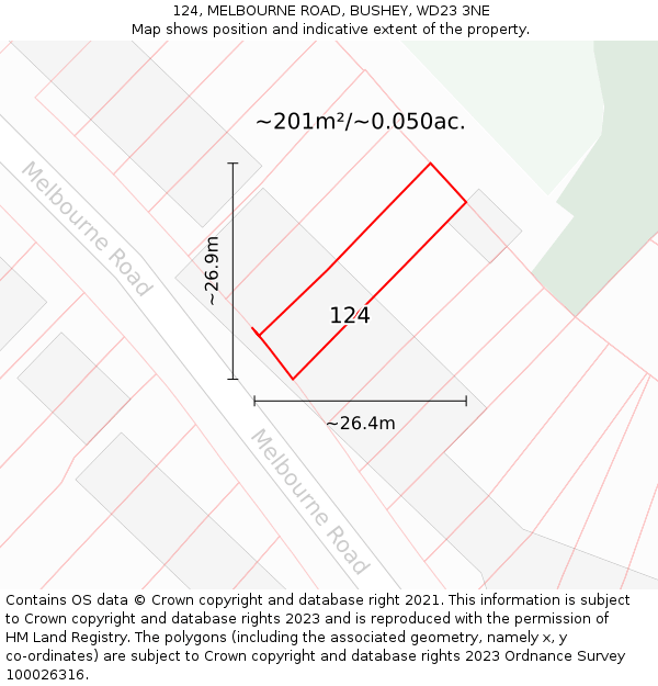 124, MELBOURNE ROAD, BUSHEY, WD23 3NE: Plot and title map