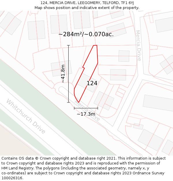 124, MERCIA DRIVE, LEEGOMERY, TELFORD, TF1 6YJ: Plot and title map