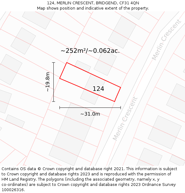124, MERLIN CRESCENT, BRIDGEND, CF31 4QN: Plot and title map