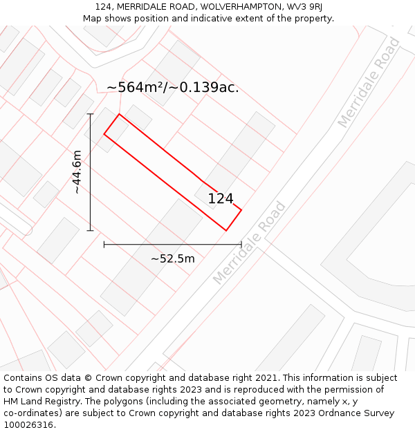 124, MERRIDALE ROAD, WOLVERHAMPTON, WV3 9RJ: Plot and title map
