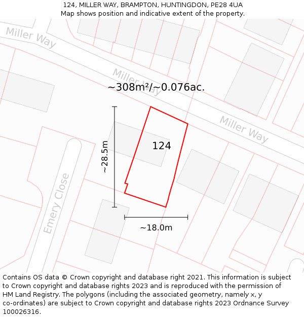 124, MILLER WAY, BRAMPTON, HUNTINGDON, PE28 4UA: Plot and title map