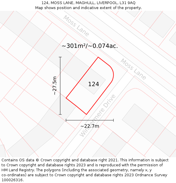 124, MOSS LANE, MAGHULL, LIVERPOOL, L31 9AQ: Plot and title map