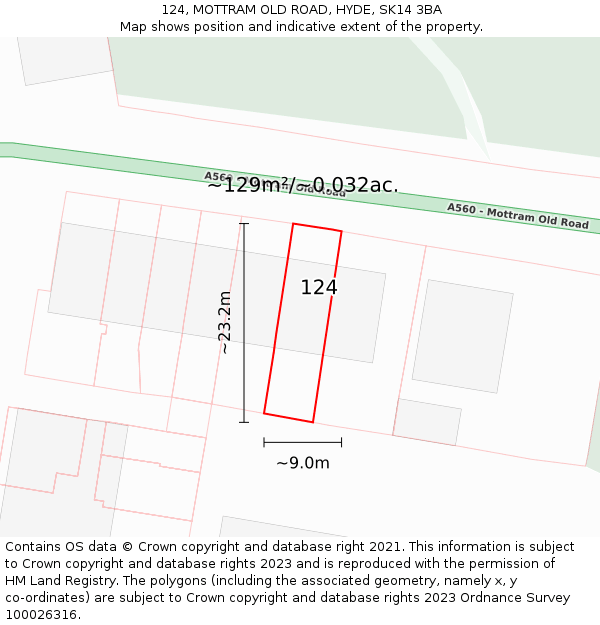 124, MOTTRAM OLD ROAD, HYDE, SK14 3BA: Plot and title map