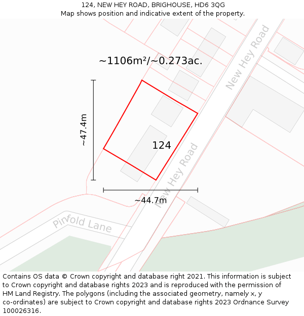 124, NEW HEY ROAD, BRIGHOUSE, HD6 3QG: Plot and title map