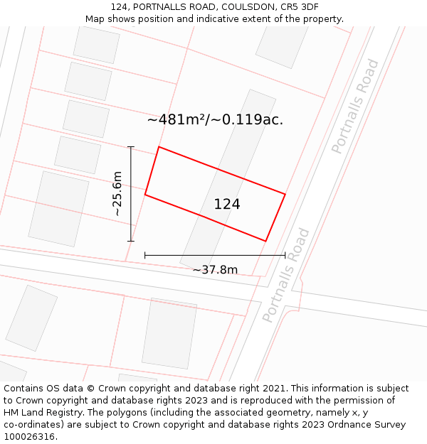 124, PORTNALLS ROAD, COULSDON, CR5 3DF: Plot and title map