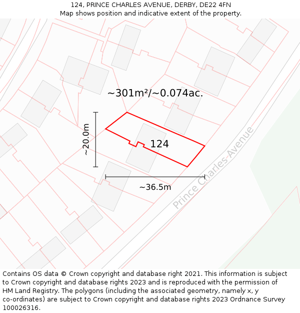 124, PRINCE CHARLES AVENUE, DERBY, DE22 4FN: Plot and title map