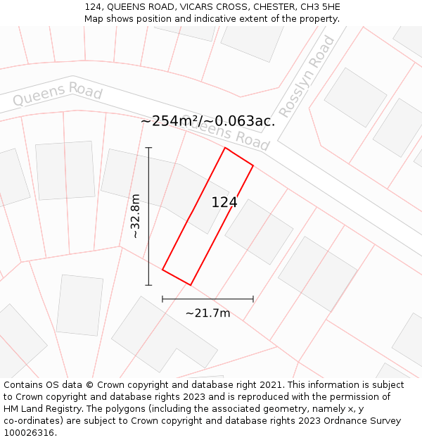 124, QUEENS ROAD, VICARS CROSS, CHESTER, CH3 5HE: Plot and title map