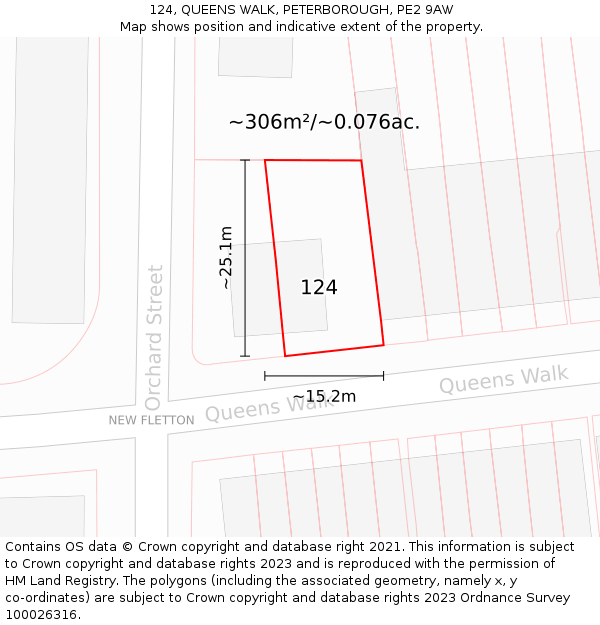 124, QUEENS WALK, PETERBOROUGH, PE2 9AW: Plot and title map