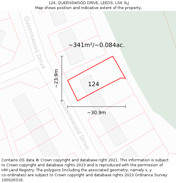 124, QUEENSWOOD DRIVE, LEEDS, LS6 3LJ: Plot and title map