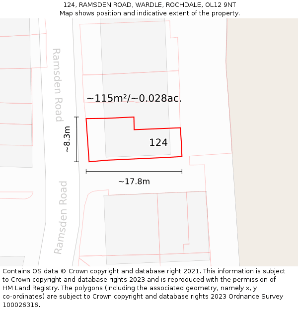 124, RAMSDEN ROAD, WARDLE, ROCHDALE, OL12 9NT: Plot and title map